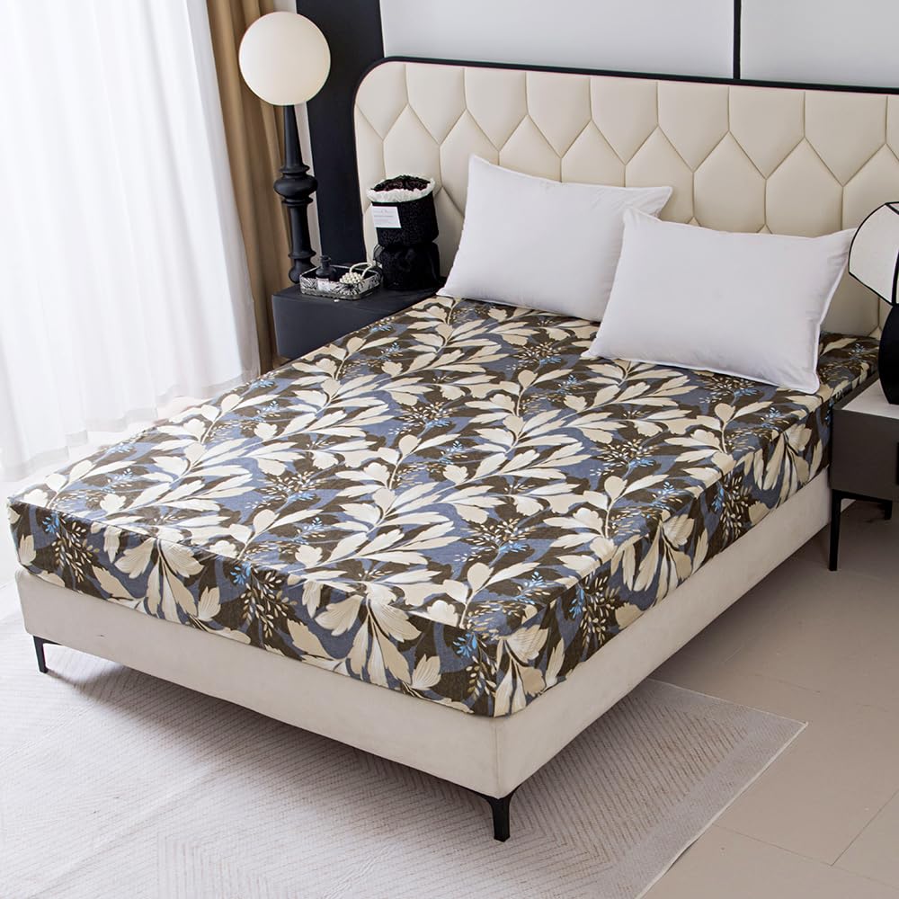 NATURETY Bedding Fitted Sheet with Deep Pocket,Leaf Designs Printed Thicken Fabric Bed Sheets (Gray Leafs, Queen)