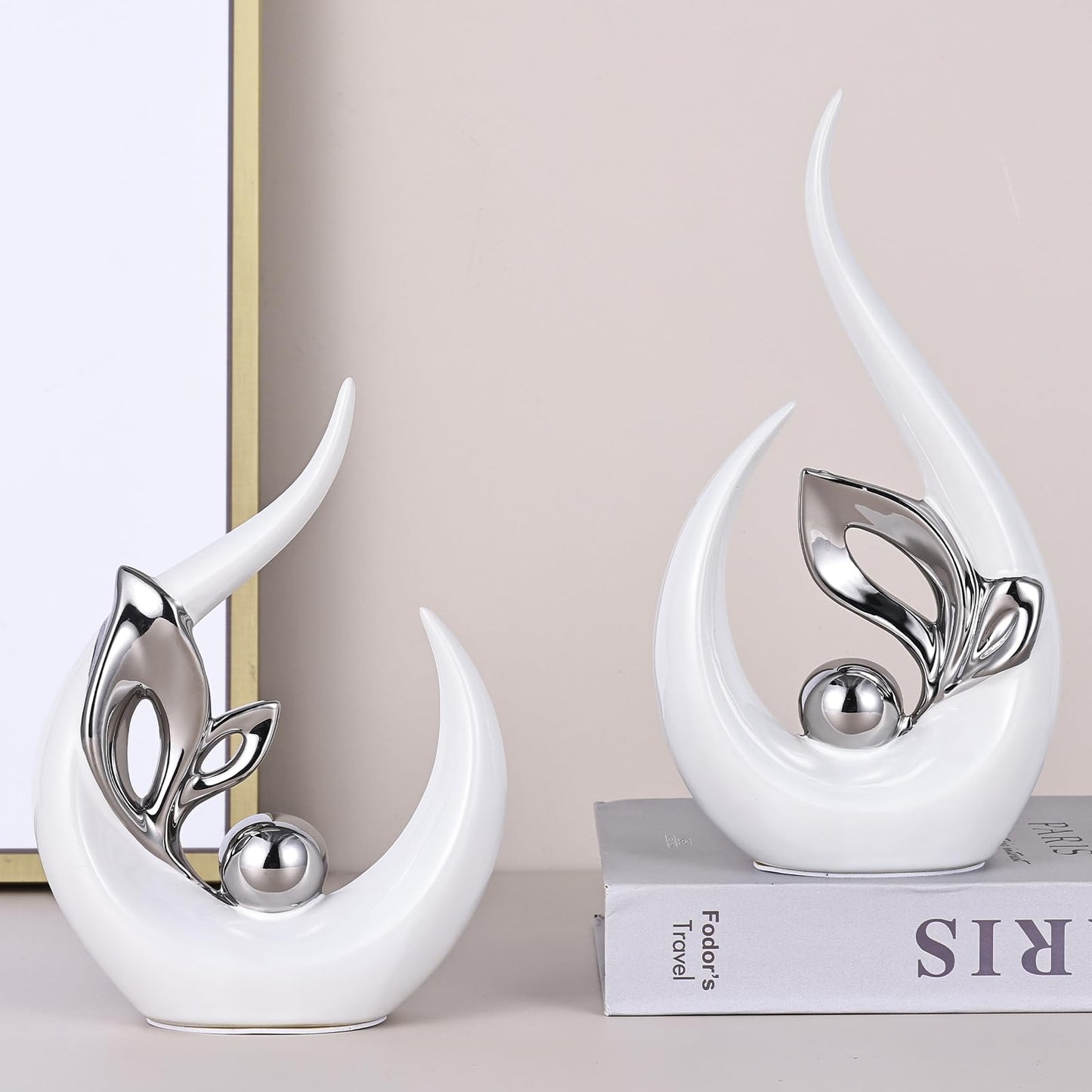 9.4" H White Silver Abstract Sculptures Home Decor, Ceramic Art Statue Cool Stuff to Put on Shelves&tv Stand Decor, Silver Accent Entertainment Center, for Fireplace Coffee Table Dining Table Decorate
