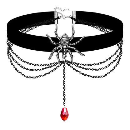 Spider Velvet Choker Gothic Necklace with Crystal Layers - Black Halloween Party Costume Jewelry Gift