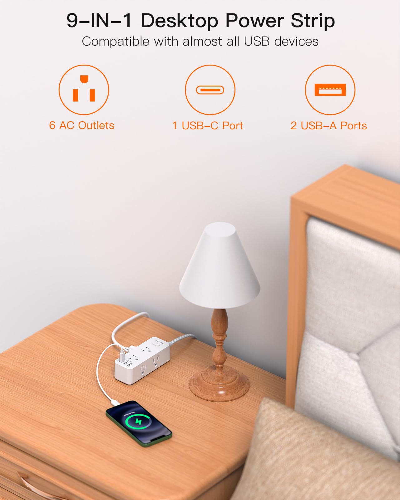 Power Strip Surge Protector, BESHON 5Ft Extension Cord, 6 Outlets with 4 USB Ports (2 USB C Outlet), 3-Side Outlet Extender, Wall Mount, Compact for Travel, Home, School, College Dorm Room and Office
