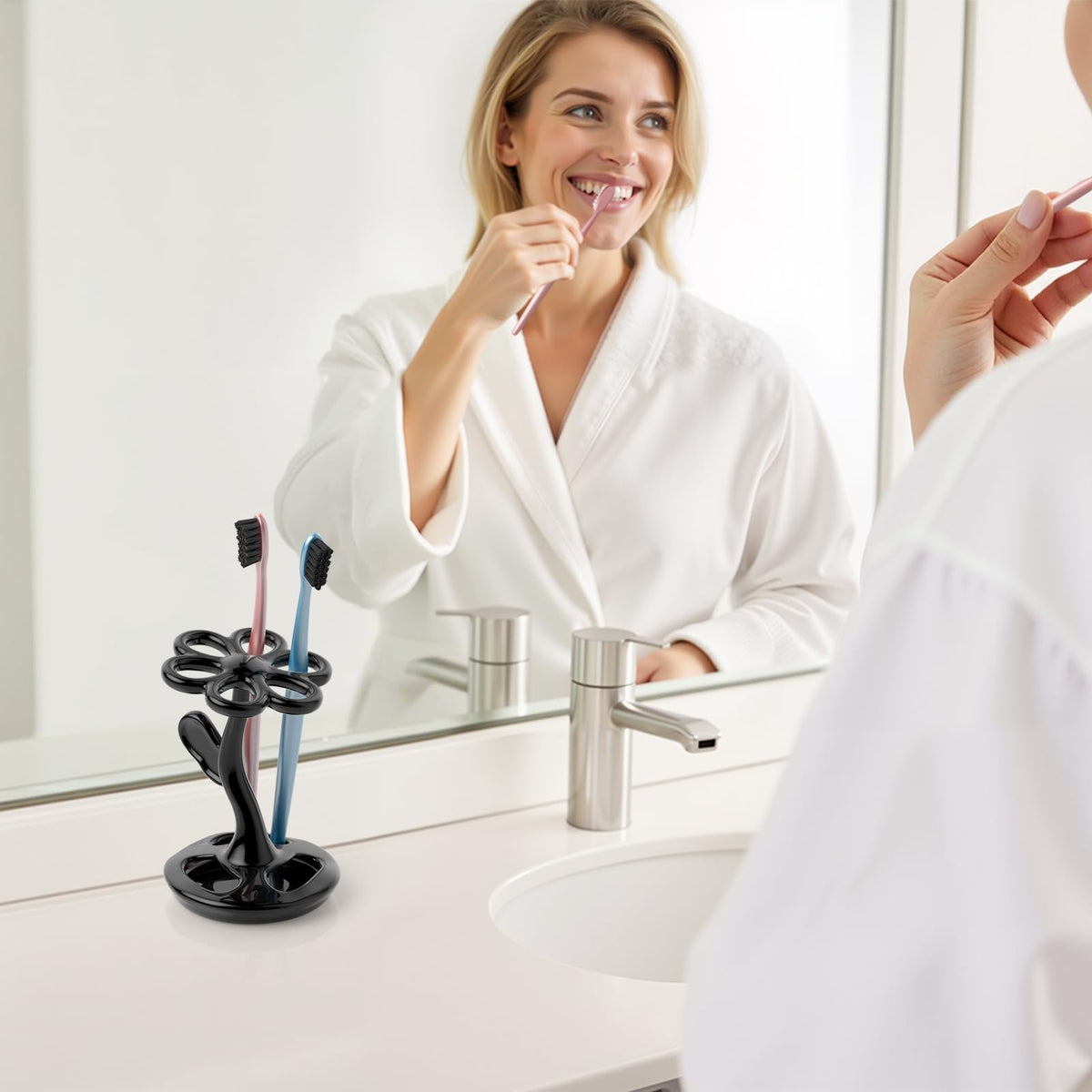 Ceramic Toothbrush Holder, Creative Flower-Shaped Toothbrush Stand for Bathroom, Multifunctional Storage for Toothbrushes & Makeup Brushes, Fits Handles < 0.47 Inches, 3 Colors (Black)