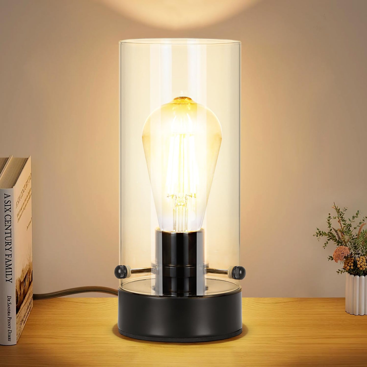 Kukobo Table Lamp for Bedroom, Modern Glass Lamp Bedside Table Lamps for Night Stands with 2700K 6W Glass Bulb,Small Night Light Lamps for Living Room Kids Office Desk Decor Black