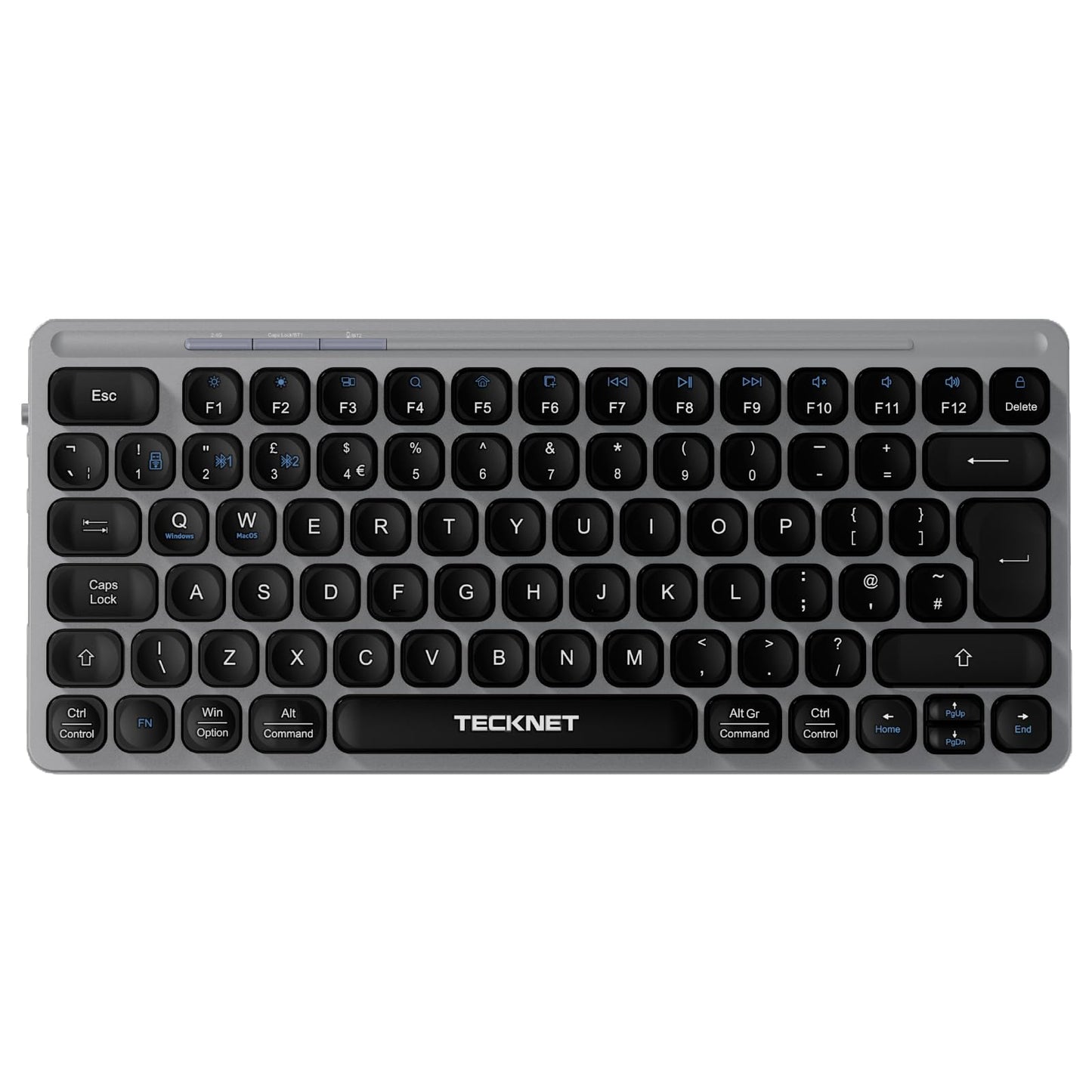 TECKNET Bluetooth Wireless Keyboard - Small Compact Rechargeable 2.4GHz USB Keyboard with 500mAh Battery Capacity for 3 Devices, Widely Compatible with Laptop, PC, UK Layout, Grey