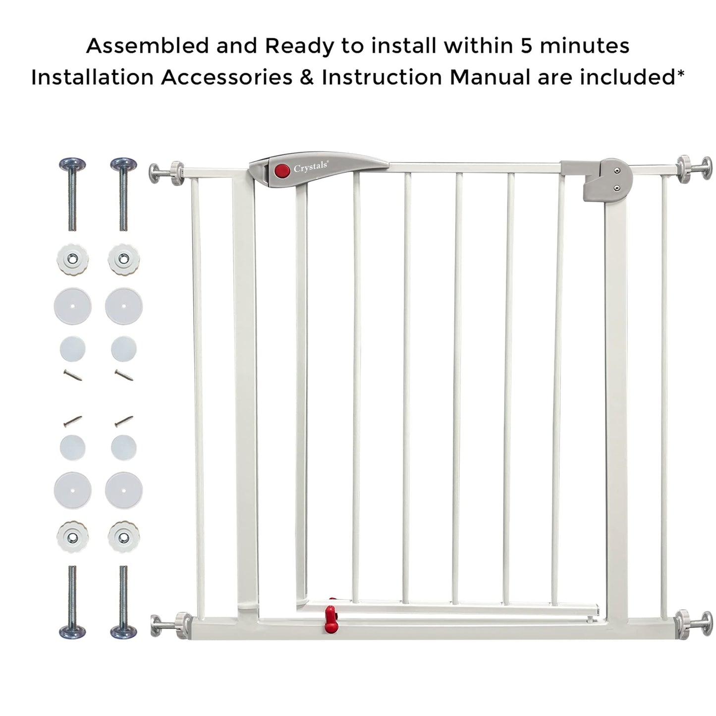 Baby Gate for Doors and Stairs, 10 cm Extension, Stair Gate Pressure Fit - No Screws, Child Stair Gate for Widths 75 to 85 cm, Dog Safety Gate One-Handed Opening to Both Sides, Metal, White/Grey