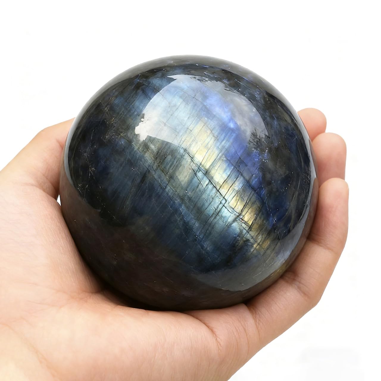 AierCrystal Natural Stone Crystal Sphere Feng Shui Home Decoration Ball Positive Energy Scrying Orb for Meditation Tool for Spiritual Space Purification Globe Diameter 6-7cm Labradorite Sphere