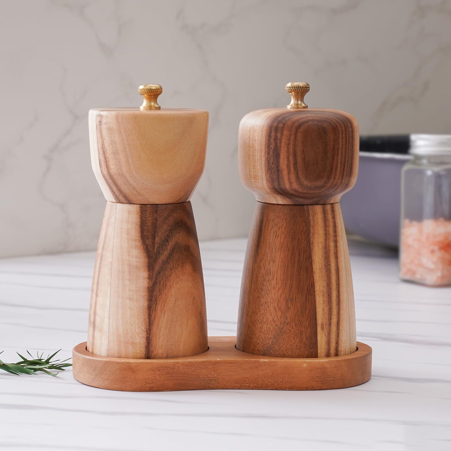 DeroTeno Salt and Pepper Grinder Set with Tray, Adjustable Ceramic Grinder Salt Mill, Stainless Steel Grinder Pepper Mill, Acacia Wood, 5 inch /14cm Height, Bottom Dia 2.36inch/6cm (Tray is Included)