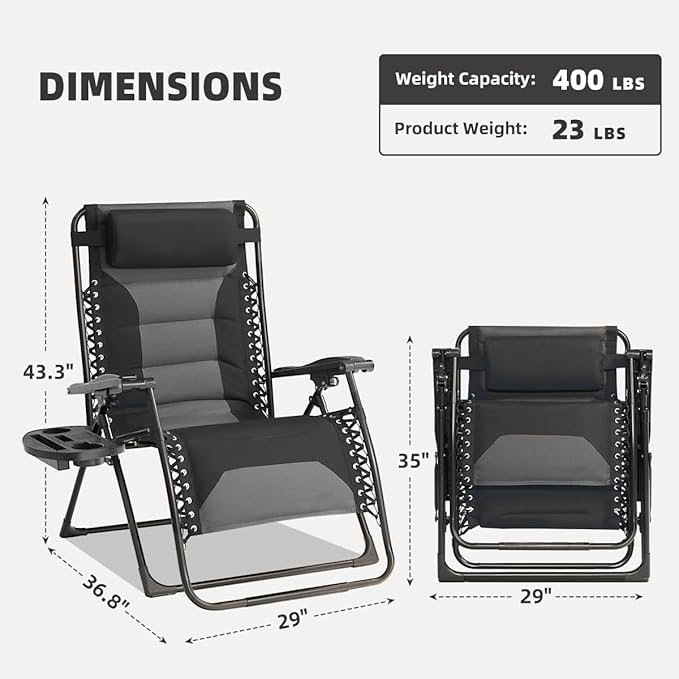 Zero Gravity Chair Set of 4 Oversized Padded Recliner with Adjustable Headrest & Cup Holder - 600D Oxford Folding Lounge Chair for Outdoor Camping, Patio, Poolside (Black & Gray)