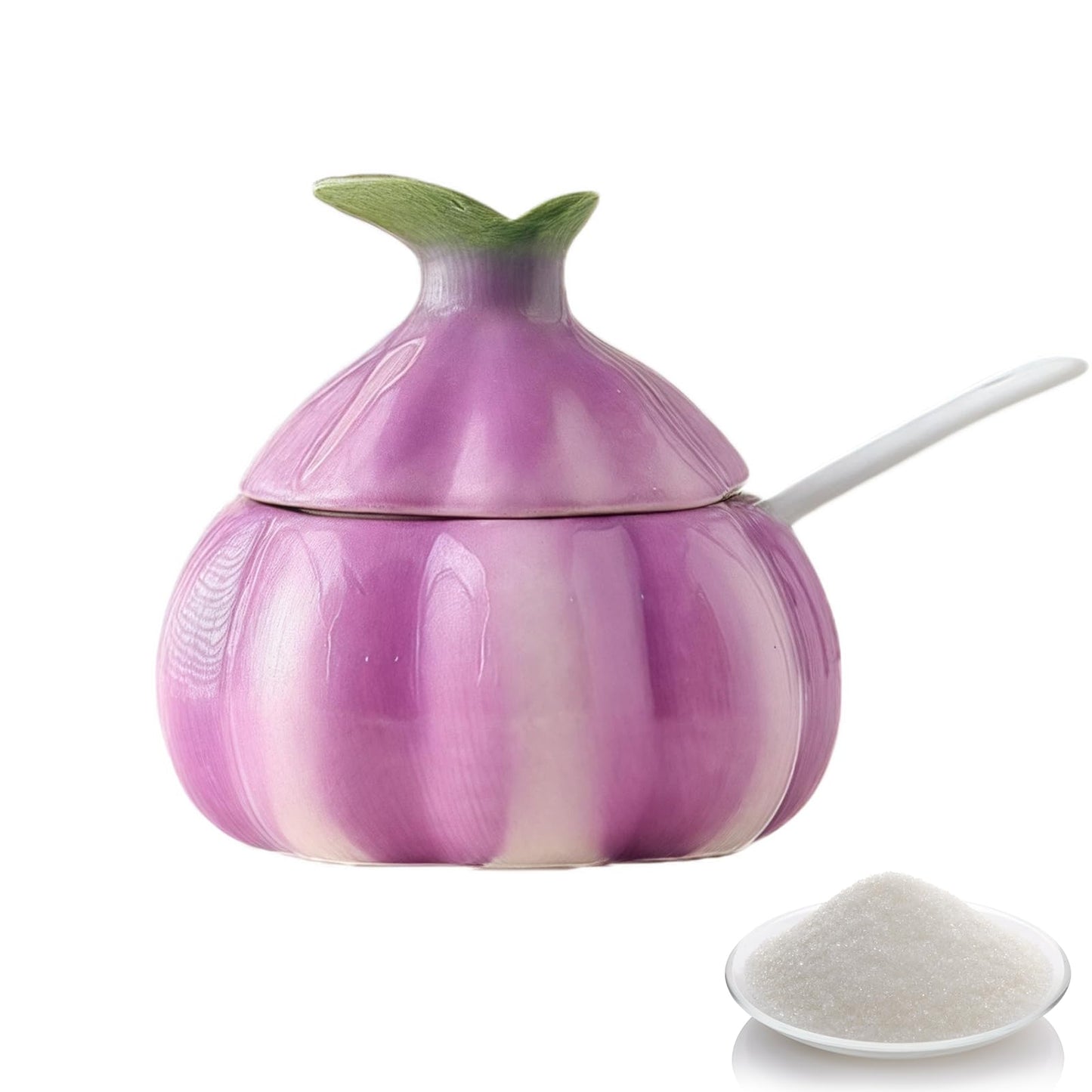 SDYHTS Cute Onion Shaped Ceramic Salt Cellar with Lid and Spoon, Decorative Purple Kitchen Canister for Sugar, Salt, Pepper, and Spices, Farmhouse Kitchen Decor