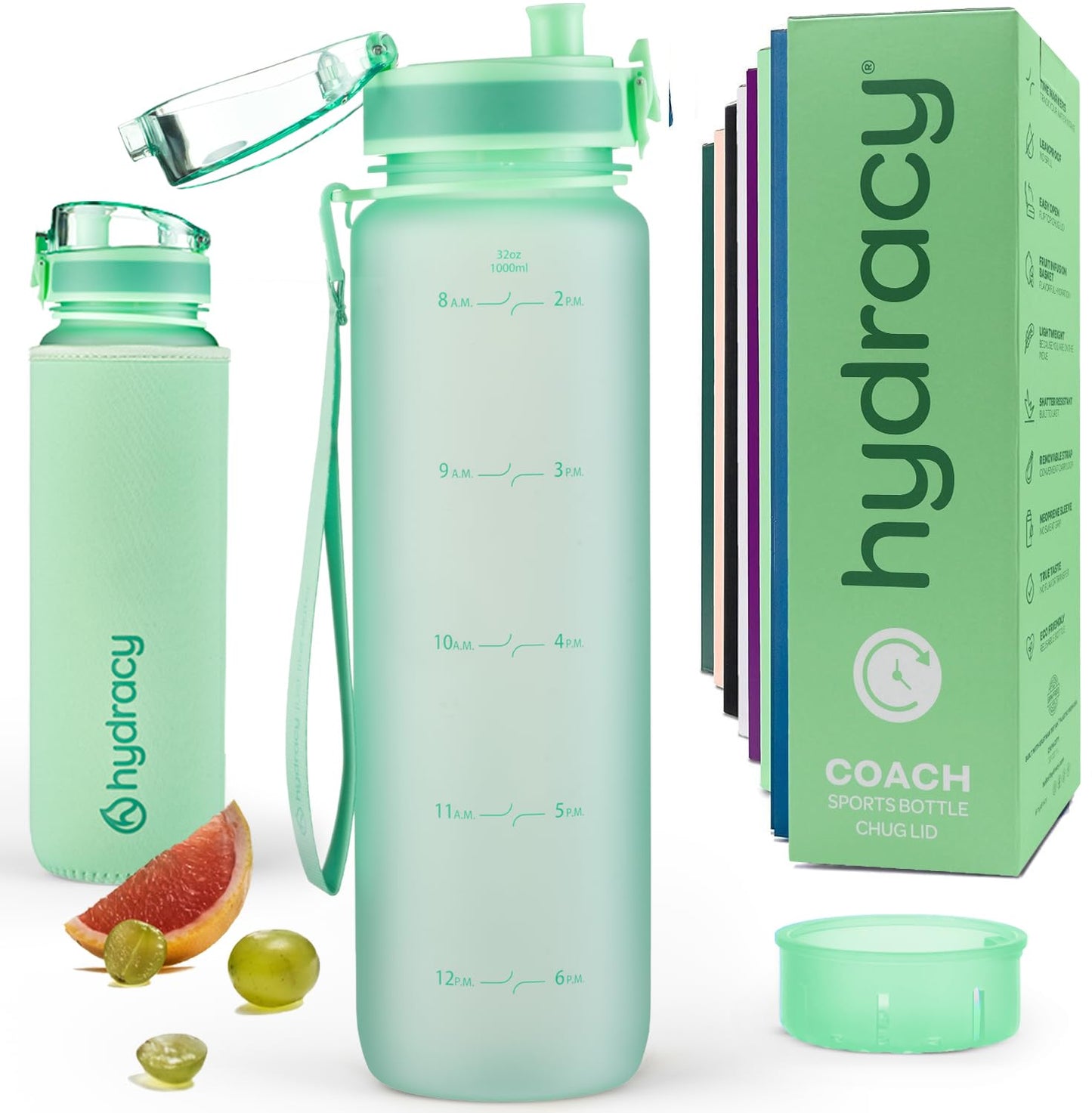 Hydracy Water Bottle with Time Marker -Large 32 oz BPA Free Water Bottle & No Sweat Sleeve -Leak Proof Gym Bottle with Fruit Infuser Strainer & Times to Drink -Ideal for Fitness Sports & Outdoors