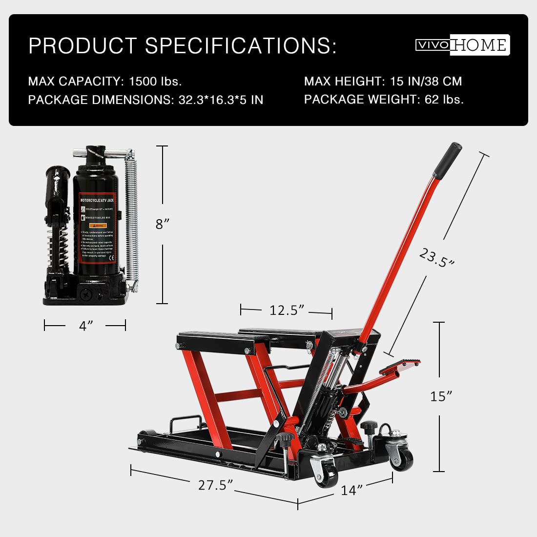 VIVOHOME Hydraulic Motorcycle Lift Jack 1500 LBS Capacity Steel ATV Lifts Stand Hoist with Wheels and Handle for Motorcycles, ATVs, Dirt Bikes Red