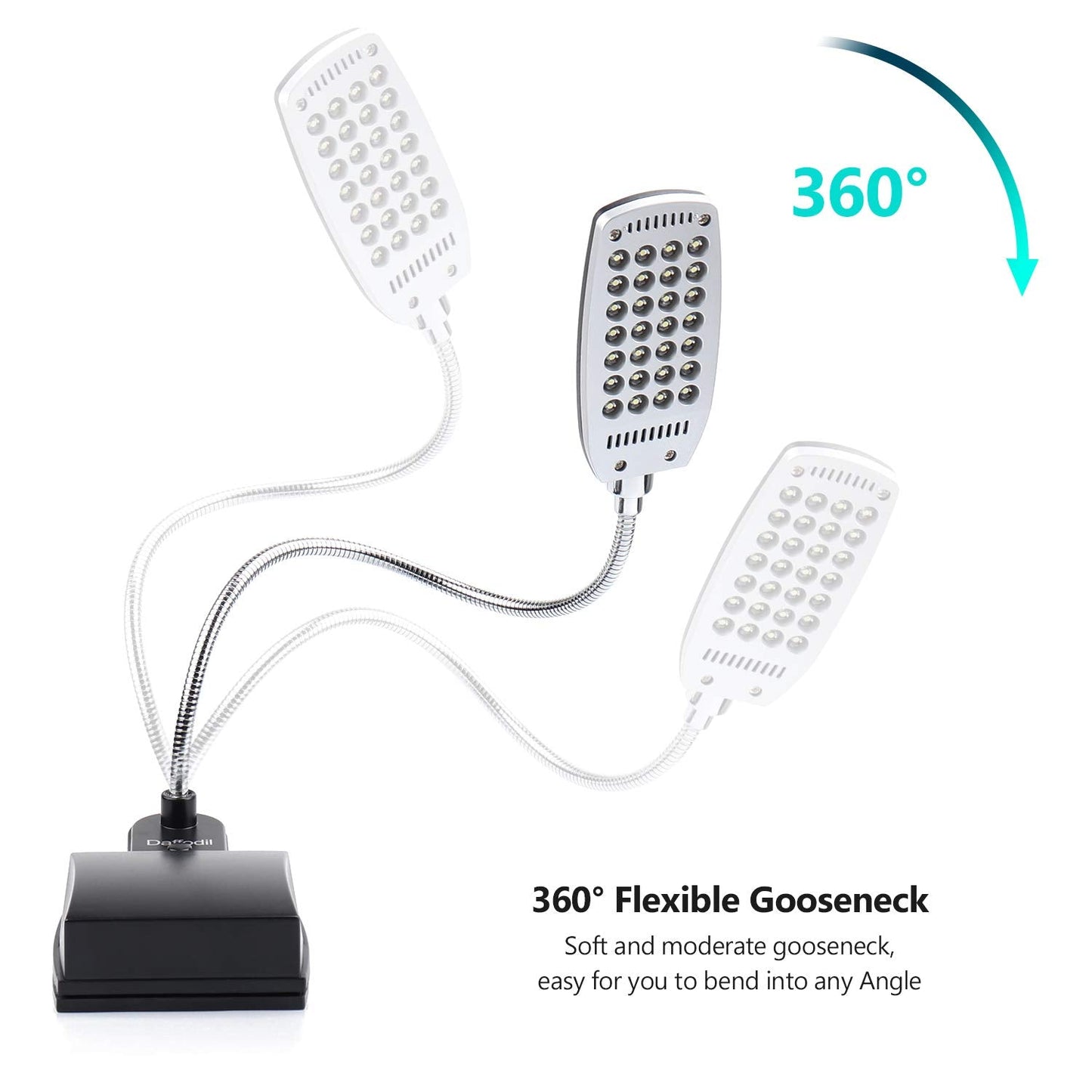 Daffodil ULT300 Clip-On Reading Light – Flexible Gooseneck Book Light with Large Clamp, USB or 4xAA Battery Powered, 3 Brightness Levels, Lamp for Headboard, Desk, Bedside or Bed - Black