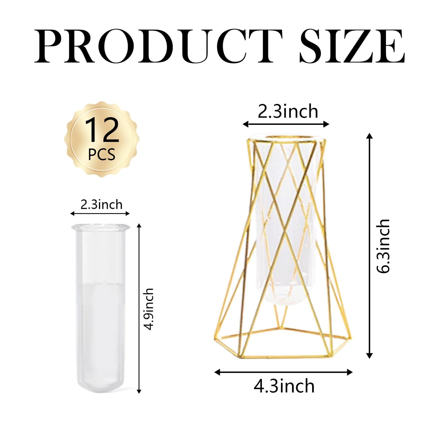 Hyuetrsa 12 Pcs Gold Geometric Vase for Centerpieces, Glass Vase with Metal Flower Stand Hydroponic Plant Test Tube Modern Vases for Wedding Home Decor（6.3 Inch）