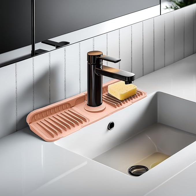 14.5" Pink Silicone Faucet Mat for Kitchen Sink – Button Style Faucet Drip