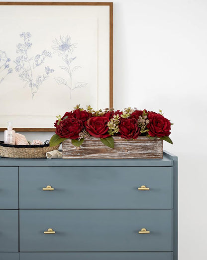 Flower Arrangement with Wooden Vase 14" Artificial Flowers in Pot - Fake Flowers Roses Peonies Hydrangeas in Wooden Vase Potted Artificial Flower Centerpieces for Table Decor Living Room - Red
