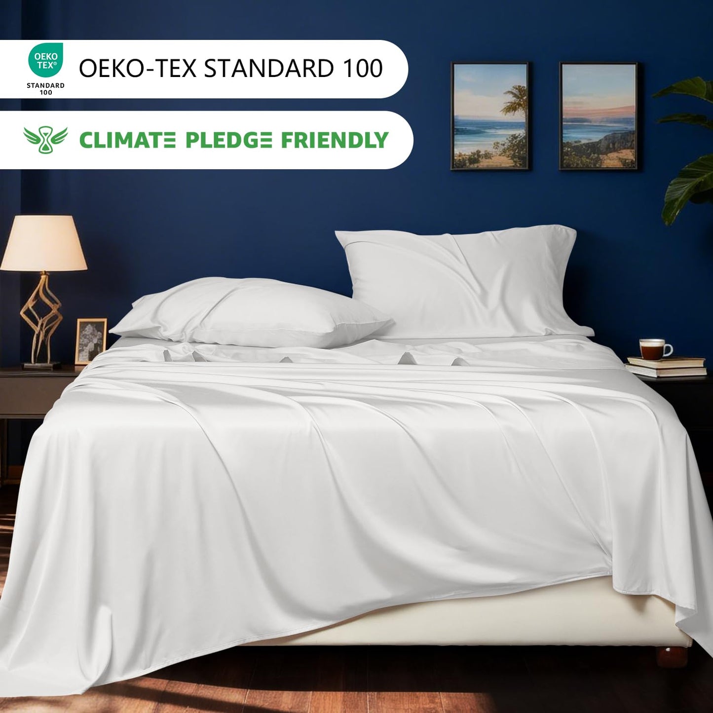 HYPREST Cooling Sheets California King – Rayon Derived from Bamboo, Silk Soft & Breathable, No Sweat Luxury Sheet Set, Extra Deep Pocket King Sheets Fits 18"–24" Thick Mattress - White