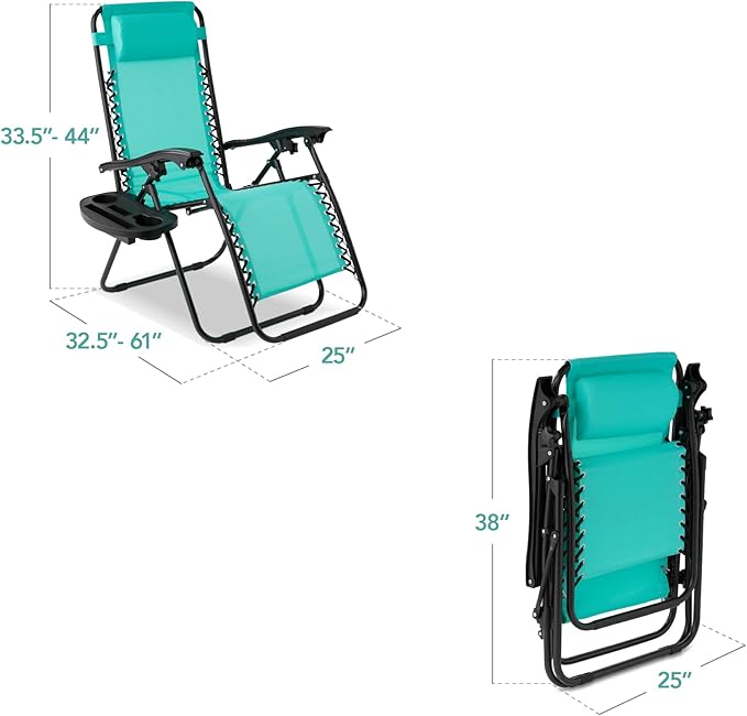 Best Choice Products Set of 2 Adjustable Steel Mesh Zero Gravity Lounge Chair Recliners w/Pillows and Cup Holder Trays - Mint