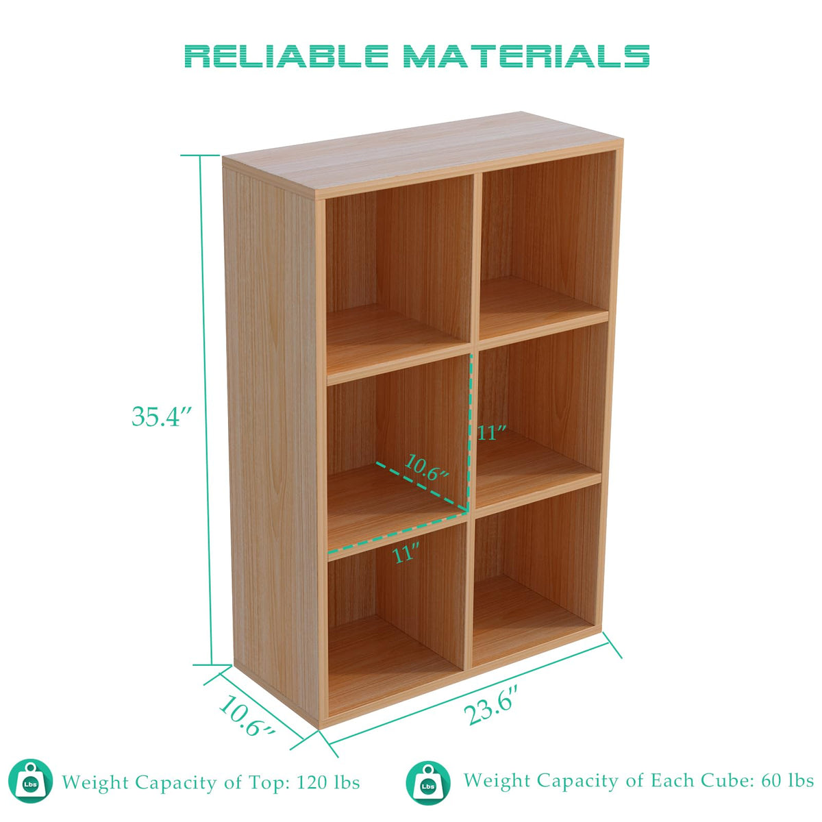 OSCHF 6-Cube Storage Shelf Bookcase - Wooden 3-Tier Floor Standing Open Bookshelf for Home and Office, Display Cabinet, Oak
