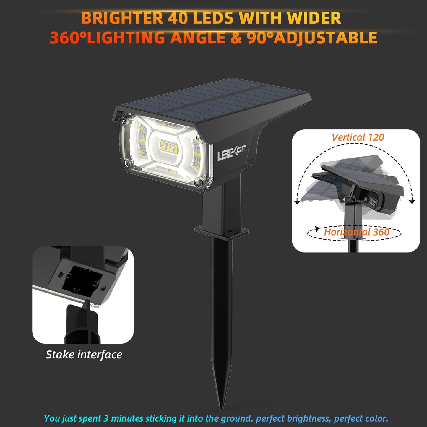 LEREKAM Solar Outdoor,40 LEDs Color Changing RGB Solar Landscape Path Lights,USB & Solar Powered Multicoloured Spotlights,14 Colors Auto Cycling Spotlights for Yard,Garden,2 Pack
