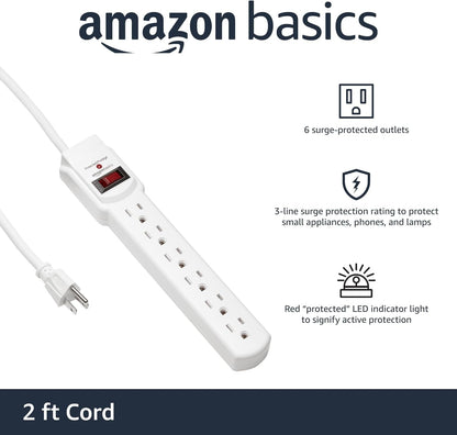 Amazon Basics Rectangle 6-Outlet, 600 Joule Surge Protector Power Strip, 2ft, Small, White, 2-Pack