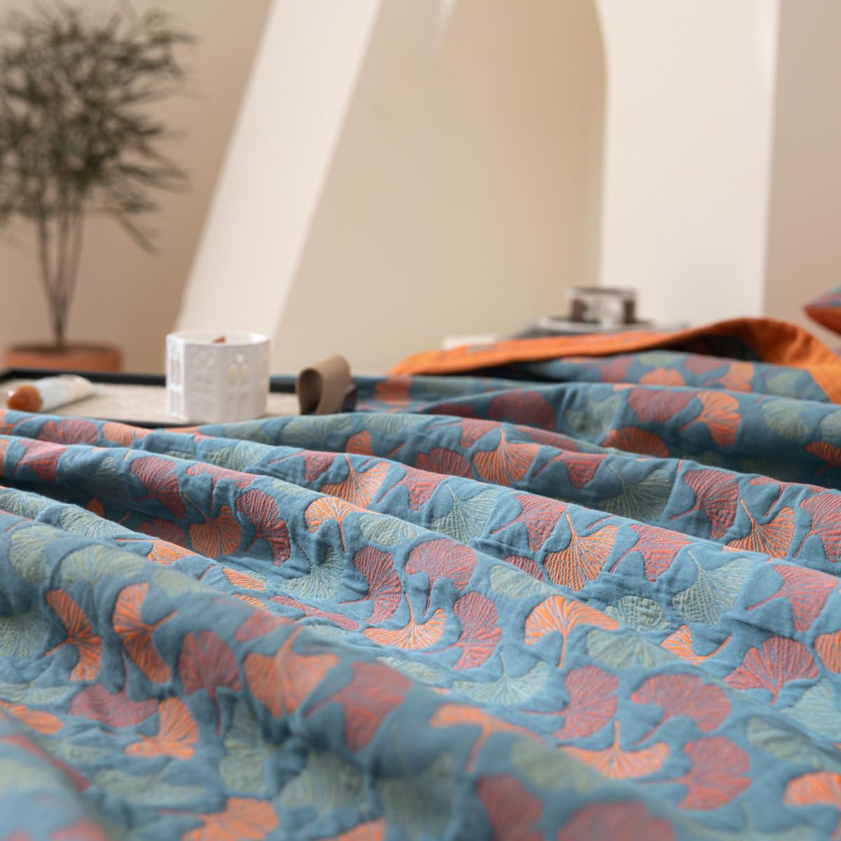 Purefair 100% Cotton Muslin Blanket Jacquard Floral Ginkgo Leaves Quilt, Soft Bed Cover 3 Layers Reversible Bedspread Coverlet Breathable Lightweight Bedding Full/Queen(78"x94"), No Pillow Sham