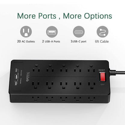 Power Strip 23 in 1, 20 Outlets Surge Protector Wall Mount with 2 USB+1 USB C Ports, Multi Plug Extension Cord 6ft Heavy Duty, Accessories for Gaming, Studio, Home, Office, Desk Organizers
