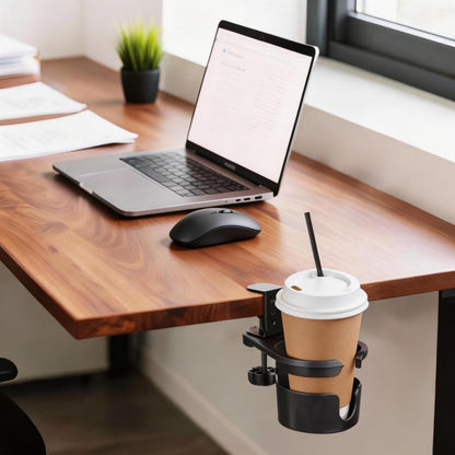 XULIONTS No Drill Desk Cup Holder Clamp, 360° Rotating Anti-Spill Table Cup Holder, Adjustable Clip on Cup Holder for Gaming Desk, Gamer Gift, Drink Holder for Coffee Cup, Office Accessories (Sleek)