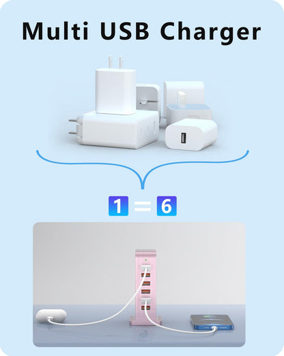 VPSUN Charging Station for Multiple Devices,VPSUN 50W USB Charger Tower,Multi 6 Port USB Charging Hub Compatible with iPhone 15/14/14 Pro/14 Pro Max/Android/Samsung/Tablet,etc(Pink, 50W)