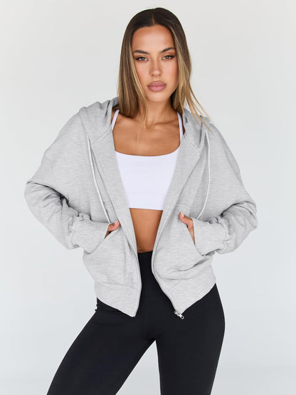 Trendy Queen Hoodies for Women Full Zip Up Cropped Sweatshirts Jackets Casual Comfy Gym Tops Fall Outfits Winter Clothes 2025 Cute Y2k Fleece Sweaters Teen Girls Pullover Grey M