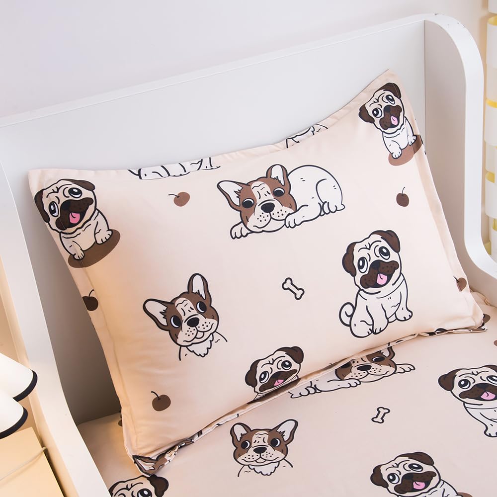 KWLOVER 2PC Soft Bed Fitted Sheet and Pillowcases Set,Cute Doggy Puppy Bulldog Pattern Printed Bed Sheets for Kids Boys Girls Twin Size Bed (Light Brown, Twin)