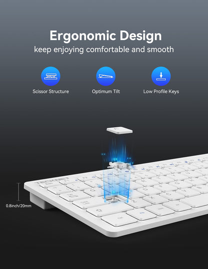 TECKNET 2.4G Wireless Keyboard, Small Keyboards with Media Hotkeys, Ultra Slim Compact Wireless Keyboard, 12-Month Battery Life, Compatible with PC, Desktop, Laptop, Smart TV - White