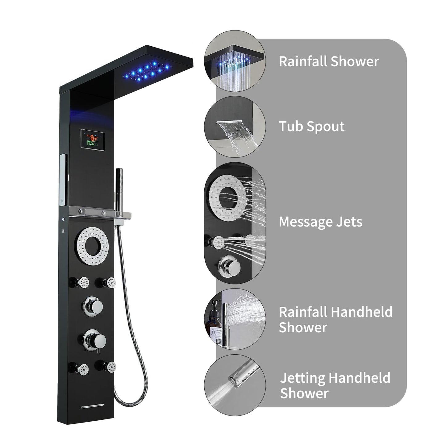 RUMOSE Matte Black Shower Panel Tower System, 5-Function Shower Faucet Set LED Light Rainfall Shower Head Digital Display with Massage Jets Tub Spout Shower Shelves, Stainless Steel, Wall Mount