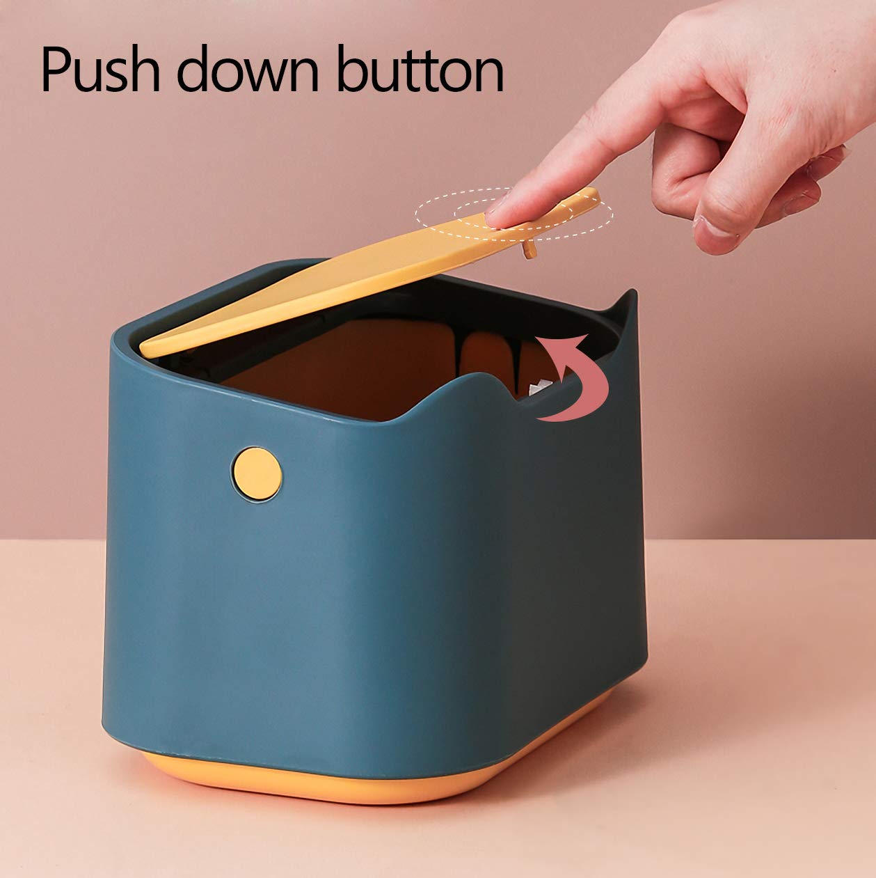 YAGGOOD Small desk bin mini waste bin with lid kids dustbin trash can for classic desk, desktop, bedroom, office table top bin in blue and yellow color