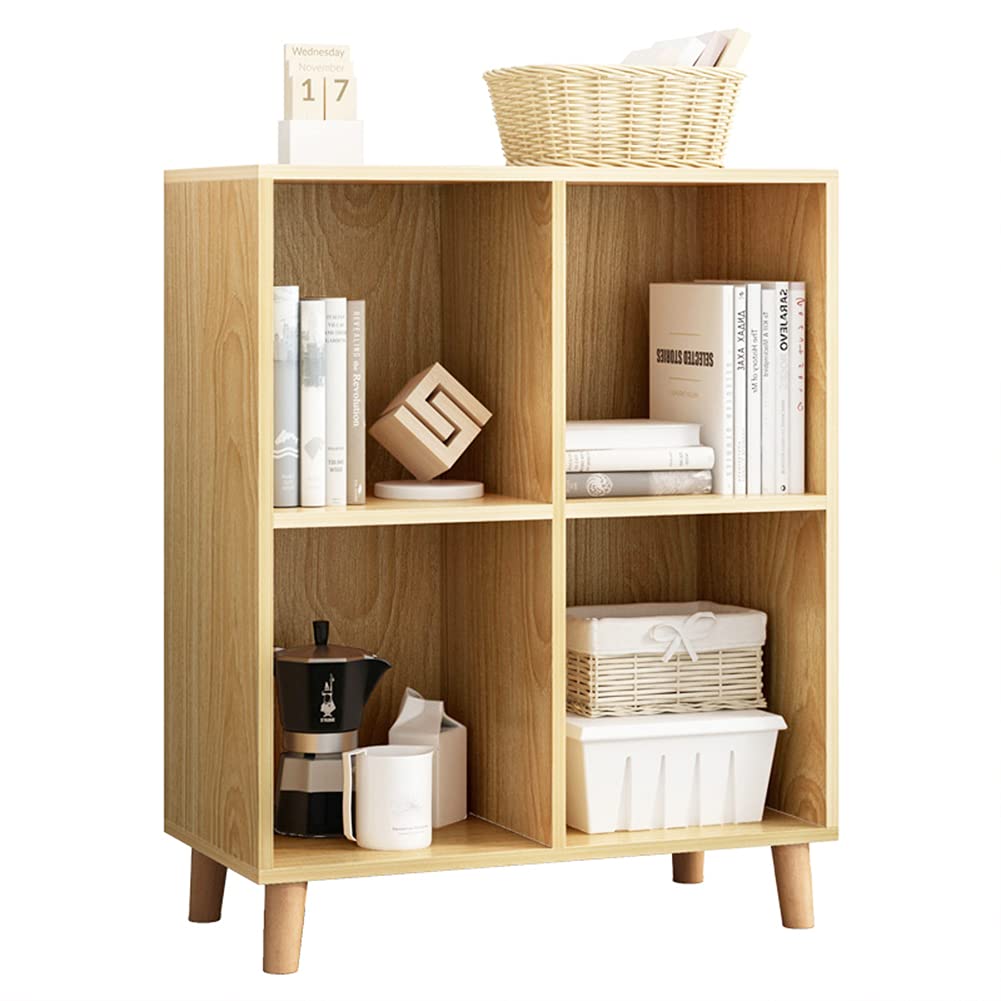 IOTXY Freestanding Open Cubes Bookcase - 2-Tier Floor Standing Wooden Storage Display Cabinet Organizer with Legs for Home Office, 4-Cubes Open Shelf Low Short Bookshelf, Oak