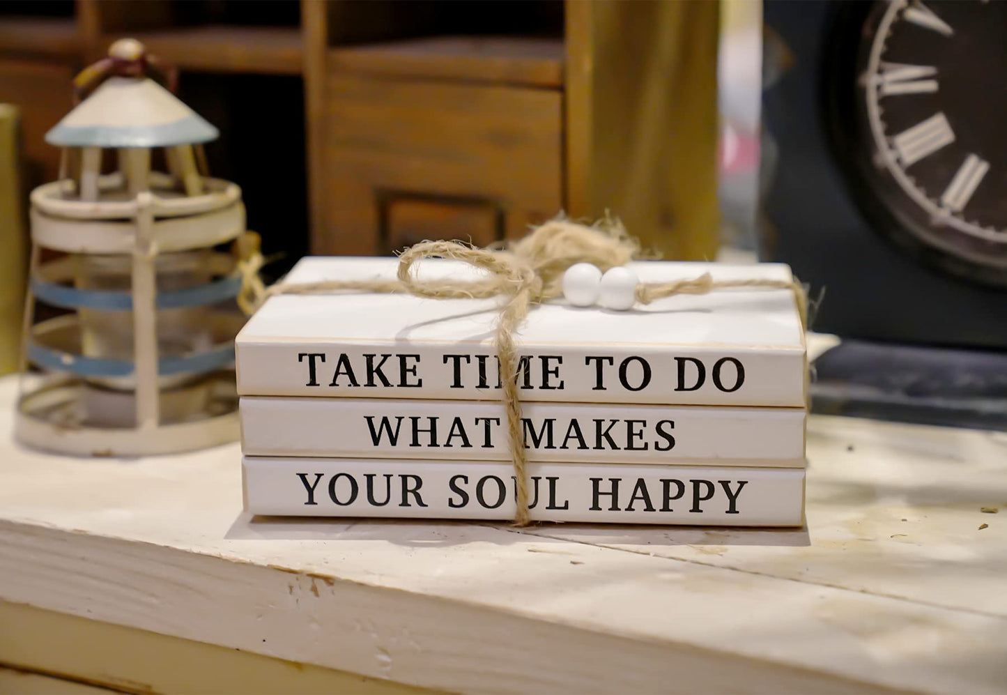 LARAINEIK 3 Pieces Wooden Decorative White Books, Rustic Farmhouse Faux Books for Coffee Table Shelves with Wood Bead Tassels and Leaves, 7'x 4.6'x 2.5' (Take Time to Do, What Makes, Your Soul Happy)