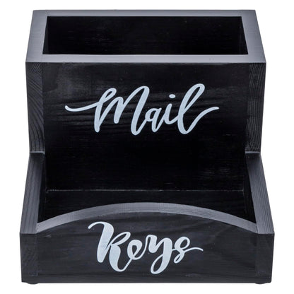 MyGift Urban Modern Mail Holder and Key Organizer Tray in Black Stained Solid Wood Finish, Entryway Storage Catchall with Cursive Mail and Keys Word Design, Office Desktop Organizing Bin
