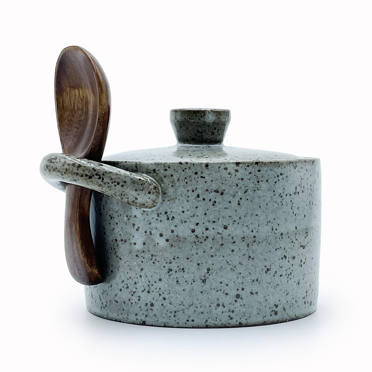 YILUSHENGHUA 8 oz Ceramic Salt Cellar with Lid & Wooden Spoon,Countertop Salt Container,Sugar Bowl,Spices Jar| Artisan Kitchen Decor(Gray)