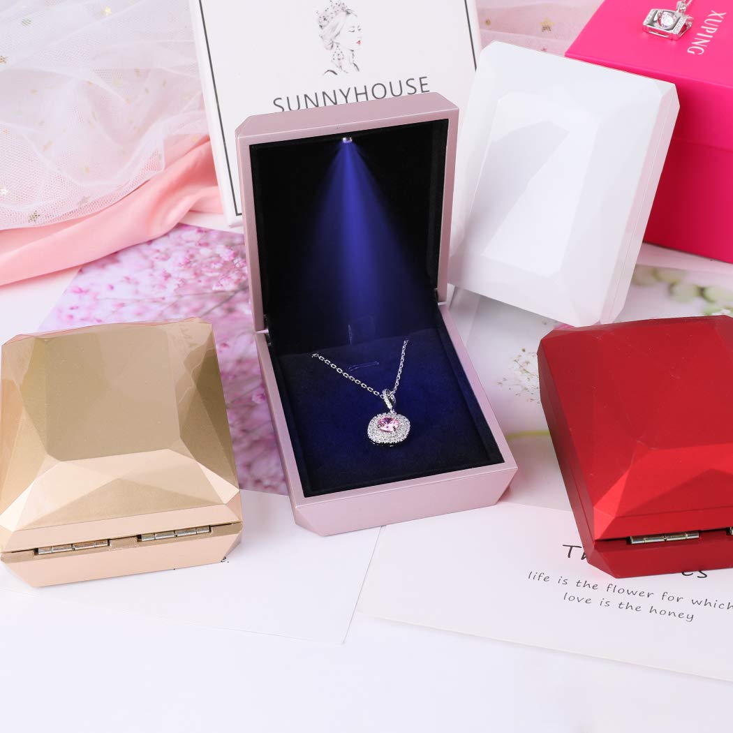 iSuperb LED Pendant Necklace Box Bracelet Box Couple Jewelry Gift Boxes Case Small Jewelry Display for Proposal Engagement Wedding (White)