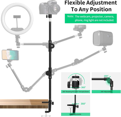 Webcam Stand Camera Mount with Phone Holder & 5/8" Screw, 22in Flexible Projector Stand Gooseneck Desk Mic for Logitech C922 C930e C920 C615 C960 Brio 4K, GoPro, Blue Yeti Snowball Ice