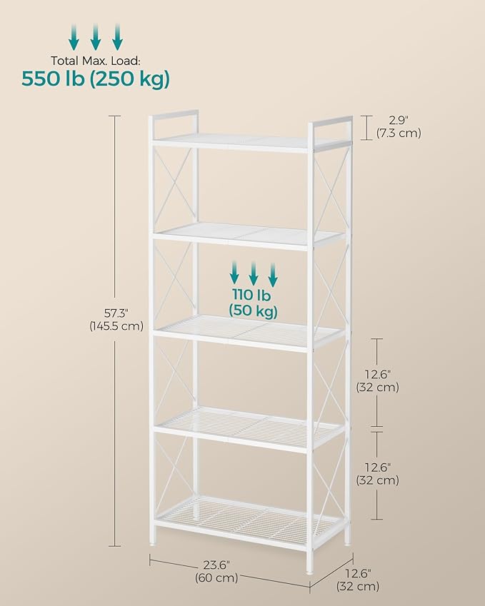 SONGMICS 5-Tier Metal Storage Rack, Shelving Unit with X Side Frames, Dense Mesh, 12.6 x 23.6 x 57.3 Inches, for Entryway, Kitchen, Living Room, Bathroom, Industrial Style, Cloud White UBSC165W01