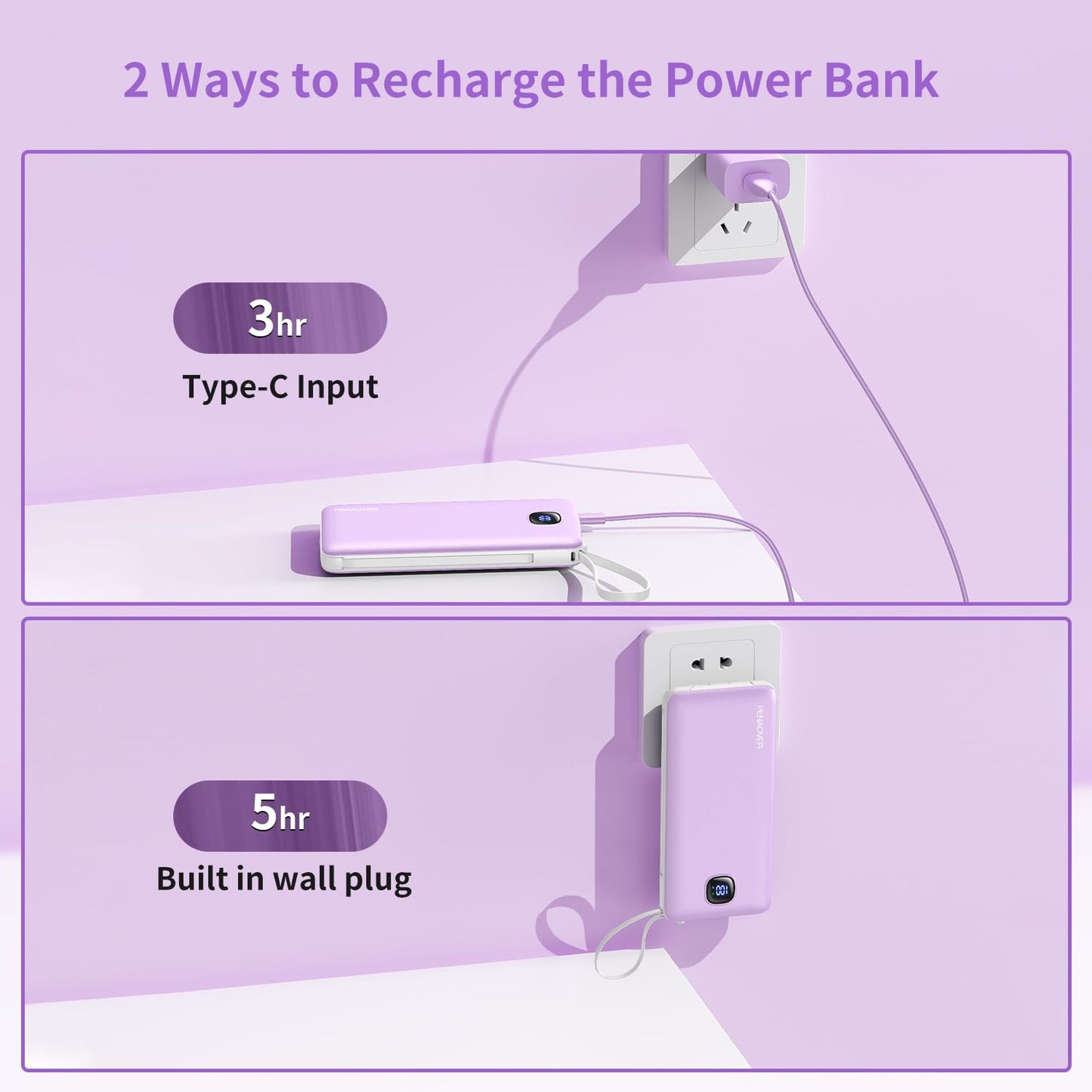 Portable Charger with Built-in Cables&AC Wall Plug,Slim 10000mAh 22.5W Fast Charging Power Bank,5 Output 2 Input USB-C External Battery Pack Compatible with iPhones,Samsung,Android, etc