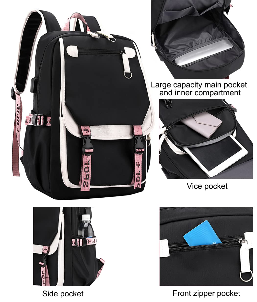 SellerFun Teenage girls' Backpack Middle School Students Bookbag Outdoor Daypack With USB charge Port (4# White Black, 21 Liters)
