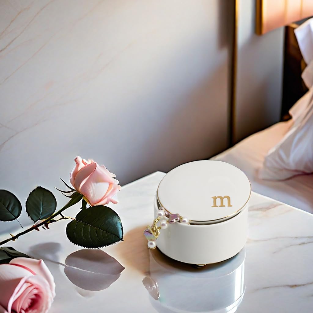 COLLECTIVE HOME - Ceramic Jewelry Box, Elegant Embossed Jewelry Holder, Trinket Organizer with Gold Monogram Lid, Storage for Ring Necklace Bracelet Earrings, Rings and Accessories (m)