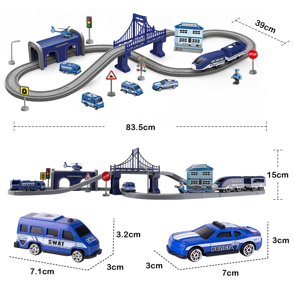 XIAPIA Railway Learning Educational Toys, Train Sets for Kids Boys Girls Age 3 Years Up, 66 Pcs Electric Track Accessories Car Set Christmas Xmas New Year Gifts (blue police)