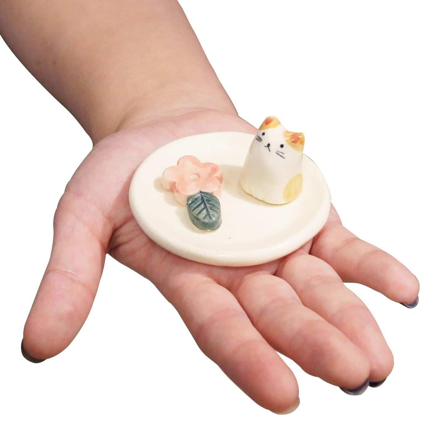 COTONOHA Charming Animal Series Ceramic Incense Holder, Japanese Pottery, Perfect for Relaxation and Concentration, Made in Japan (Small Flower Cat)