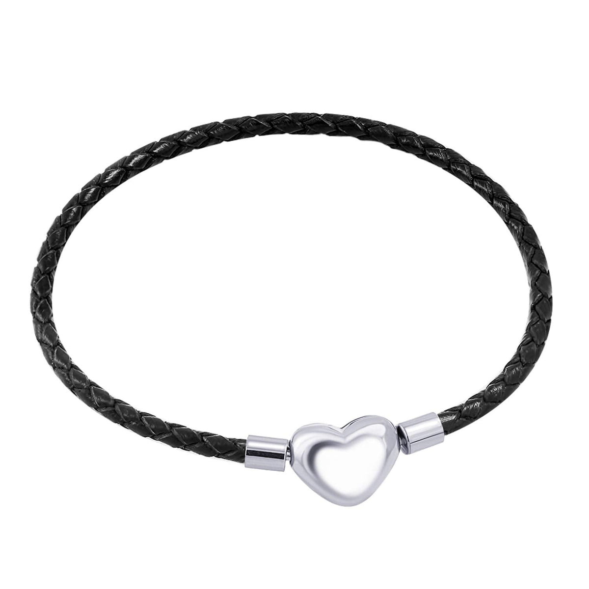 555Jewelry Stainless Steel Heart Charm Bracelet, Black Bracelet for Women, Braided Leather Charm Bracelet, Black Leather Bracelet for Women - Silver Heart, 6.5 Inch