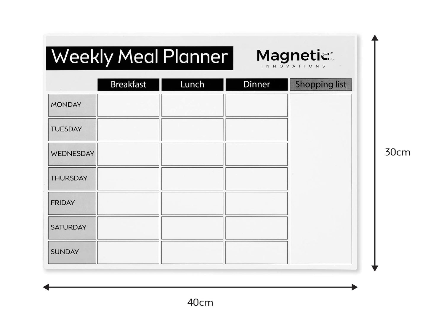 Magnetic Innovations Large A3 Fridge Meal Planner Board, Ideal as a Weekly Family Diet Planner, Food Shopping List, Menu Board, Includes 3 Dry Wipe Markers