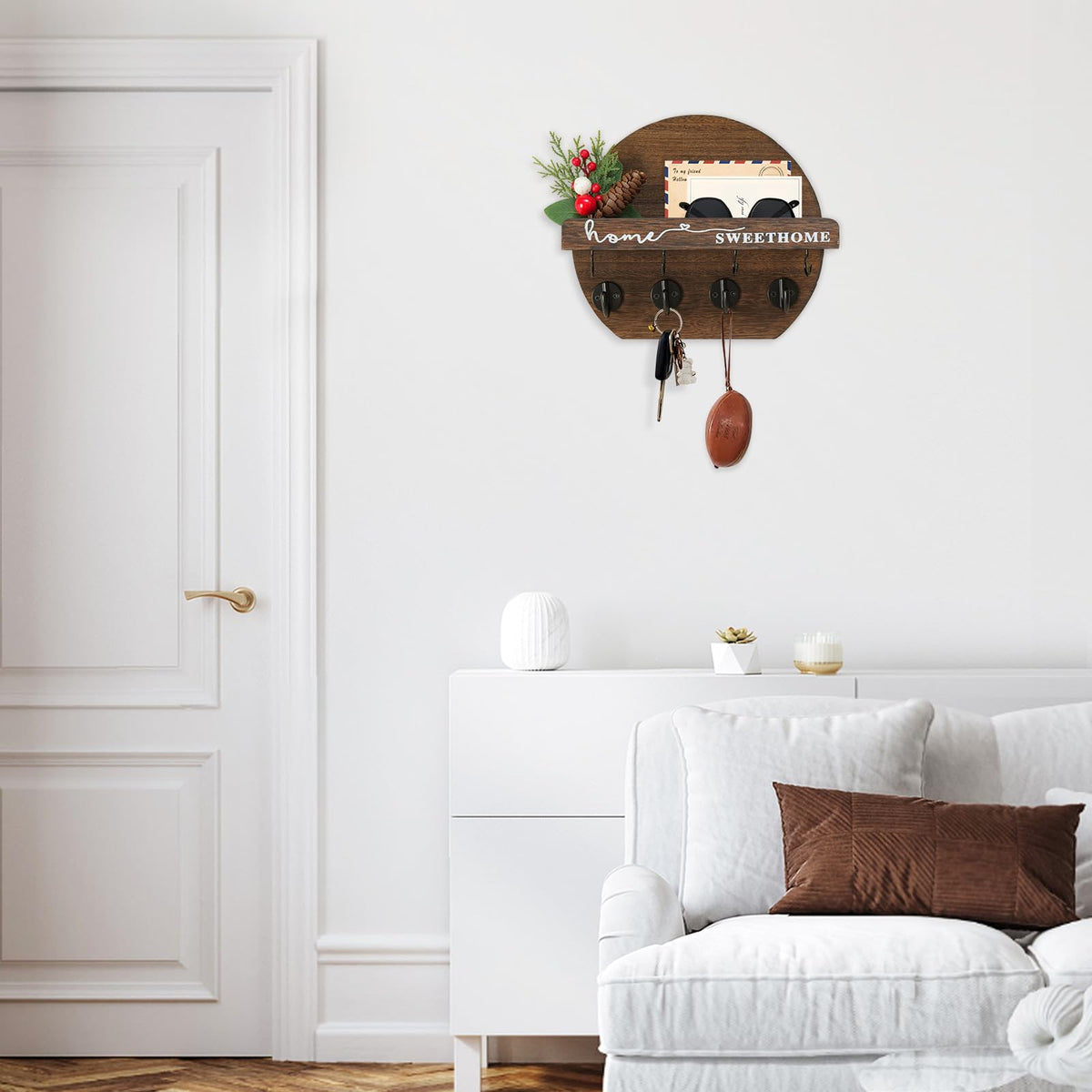 LEIRUOTM Key Holder for Wall, Key and Mail Holder Organizer - Key Holder Wall Mount with Bouquet Shelf and Key Hooks, Round Wooden Rustic Key Rack for Entryway and Home Decor (Brown)