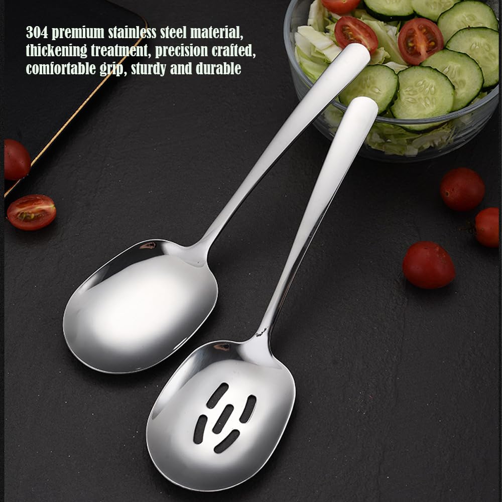 SIAIQIANG Extra Large Serving Spoons Set,18/8 Stainless Steel Slotted Spoon and Serving Spoon,9.8 Inch Buffet Spoons Set,Tabletop Flatware Utensil (2pack)