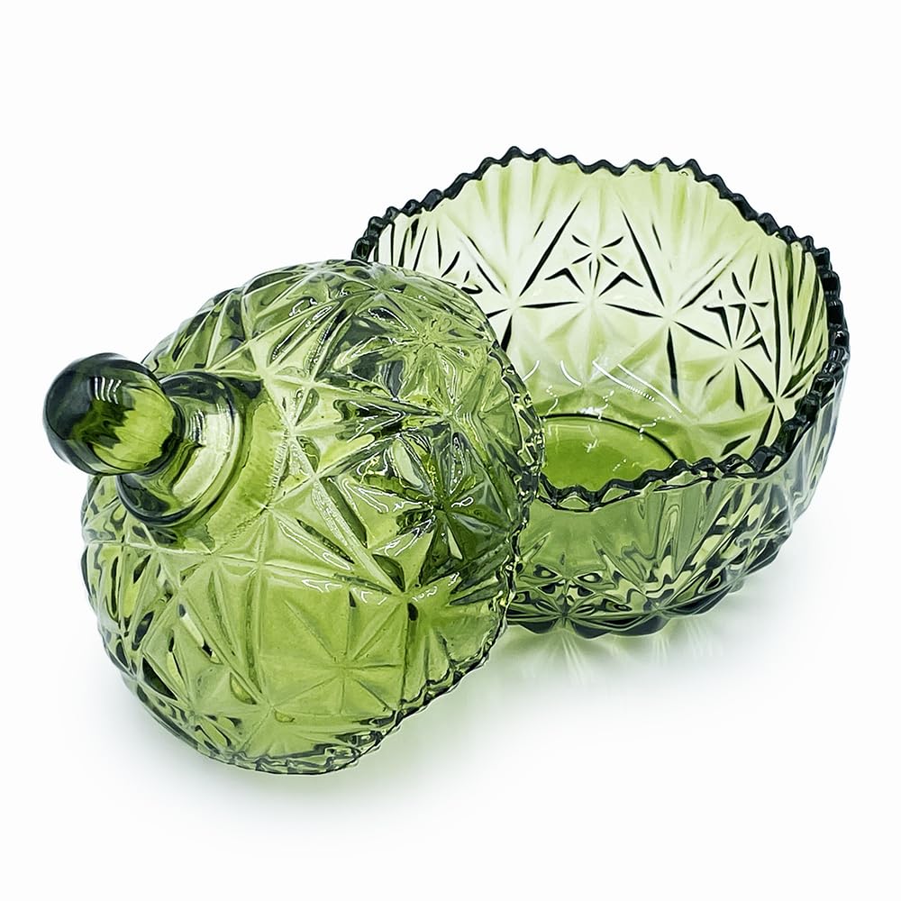 EWEIGEER Colorful Crystal Glass Candy Snack Barrel Storage Jar Embossed Luxury Cookie Buffet Canister With Lids Jewelry Box Jar Biscuit Containers(Olive Green Color)