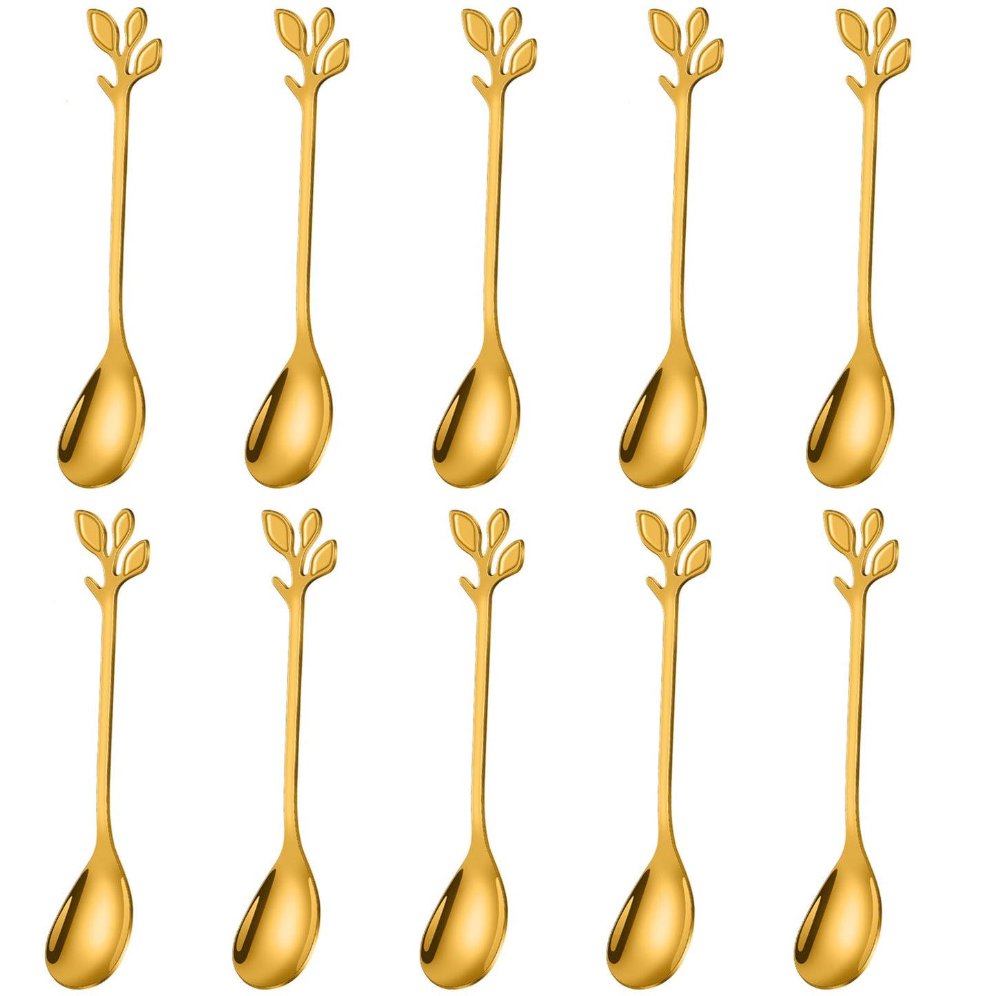 AnSaw Elegant Gold Leaf Coffee Spoons - 10-Piece, 4.7" Mini Stainless Steel Espresso & Dessert Tea Spoons, Perfect for Demitasse & Small Servings